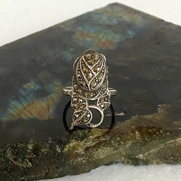 VTG Sterling Silver 925 Art Deco Style Marcasite Flower Rose Ring Sz 5.75 - Picture 2 of 16